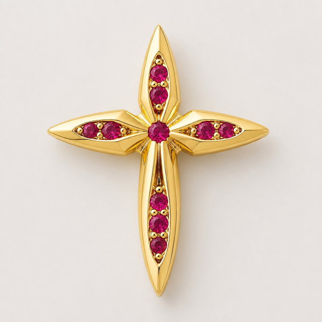 Dainty and feminine Gold cross with rubies, majority gold . Hidden bail
photorealistic jewelry design, Dainty and feminine Gold cross with rubies, majority gold . Hidden bail, contemporary style, just the design no text