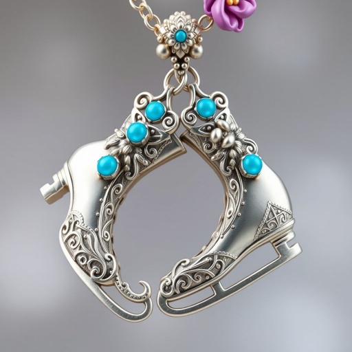 Pendant silver with stylized ice figure skating skates. Remove boots and leave only lowest part of skates. Add turquoise