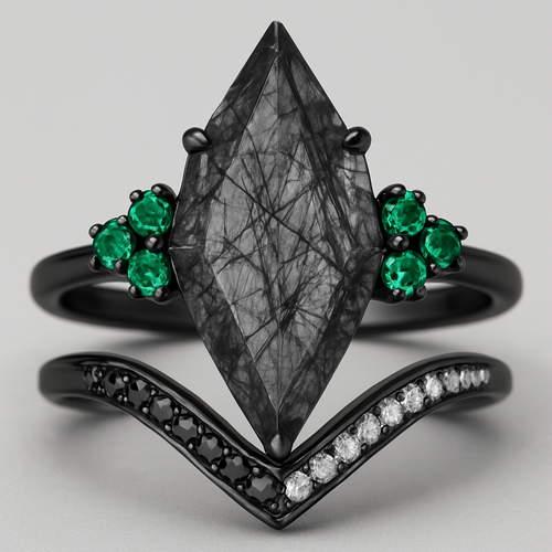 Black band, long kite cut rutilated black quartz upside down, emerald accent stones 3 on each side in a cluster, add a wedding band that curves around main stone with black and white stones