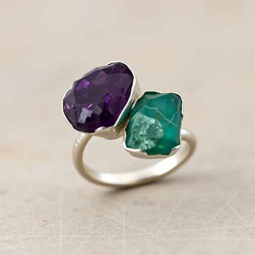 Design silver adjustable ring, use minimum silver, use 2 raw natural gemstones 