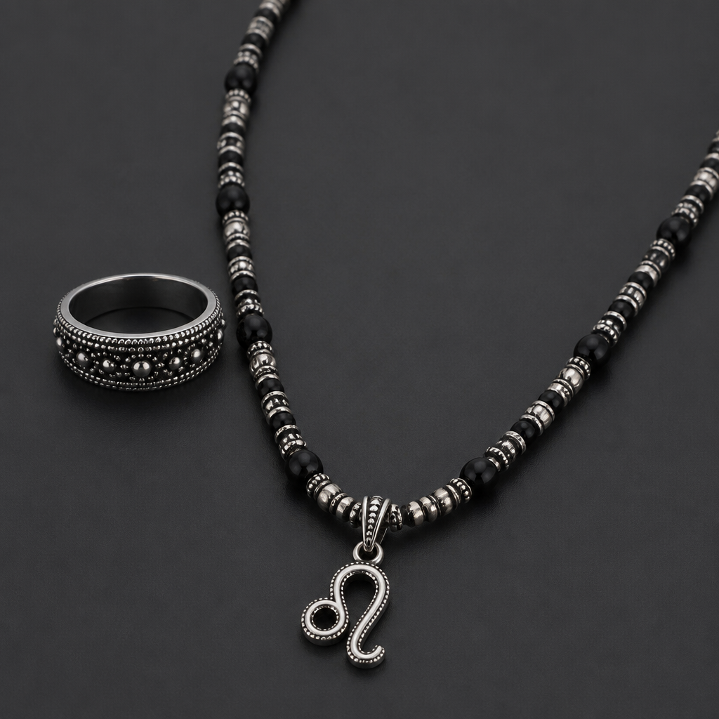 A beaded men's ring made of silver, detailed and decorative, moderately ornate. Create a men's necklace approximately 50-60 cm long on a cord with metal accents (spacers) and occasional black onyx. The necklace should feature a pendant with the Leo zodiac sign as an initial, without a background and not too large.
photorealistic jewelry design, A beaded men's ring made of silver, detailed and decorative, moderately ornate. Create a men's necklace approximately 50-60 cm long on a cord with metal accents (spacers) and occasional black onyx. The necklace should feature a pendant with the Leo zodiac sign as an initial, without a background and not too large., beaded style, just the design no text