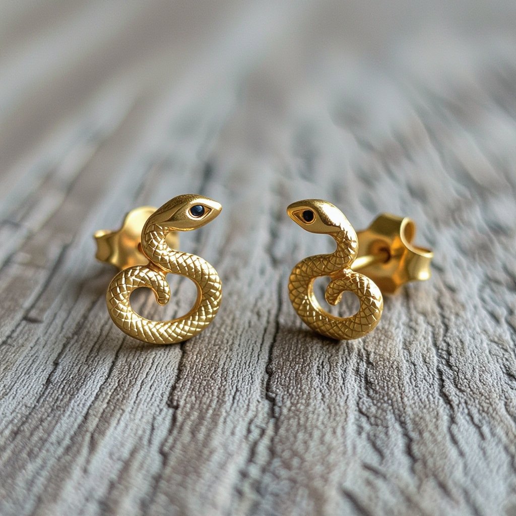 Небольшие золотые матовые серьги в виде символической змеи
