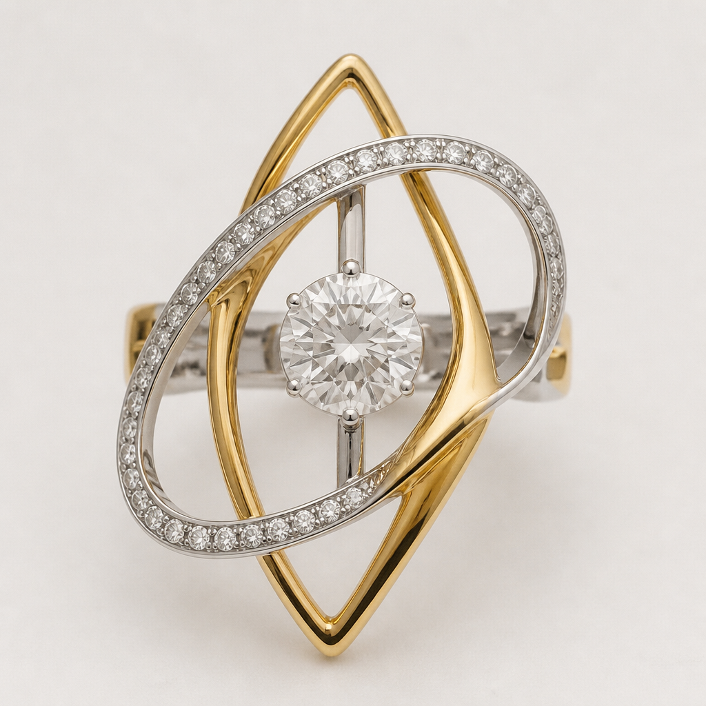 A avant-garde women's ring made of mixed metal with diamond stones suitable for festival. An extraordinary excellent beautiful delicate and elegant solitaire women ring. Face of the ring.
photorealistic jewelry design, A avant-garde women's ring made of mixed metal with diamond stones suitable for festival. An extraordinary excellent beautiful delicate and elegant solitaire women ring. Face of the ring., avant_garde style, just the design no text