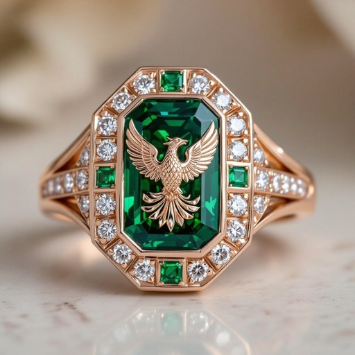 Geomatric rose  gold and A platinum signet ring with phoenix printed on it for women Design a luxurious platinum signet ring that embodies the elegance of Art Deco style, featuring a striking phoenix rendered in intricate geometric patterns. Emphasize bold lines and symmetry, with contrasting finishes for depth. Adorn the ring with brilliant-cut diamonds and emeralds, capturing the spirit of rebirth and timeless sophistication.