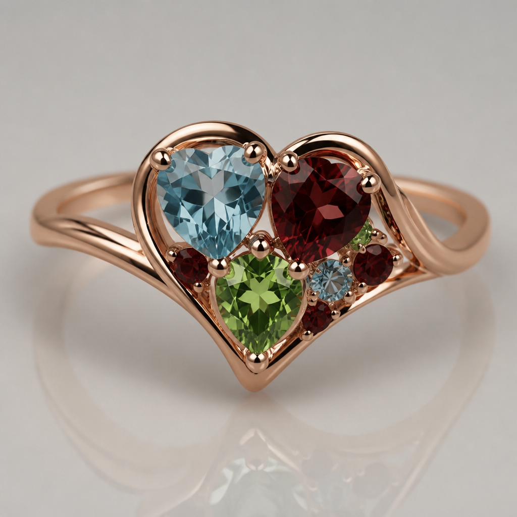 A women's ring made of rose gold with aquamarine and garnet stones. heart shaped with peridot garnet aquamarie
photorealistic jewelry design, A women's ring made of rose gold with aquamarine and garnet stones. heart shaped with peridot garnet aquamarie, modern style, just the design no text