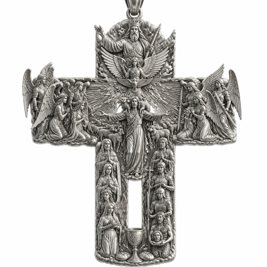 A sculptural women's pendant made of silver suitable for festival. An extraordinary excellent beautiful delicate and elegant, super modern Cross, without stones, without background only the Cross, with Jesus Christ as the Good Shepherd with a beautiful delicate and elegant face, with long hair, with a beautiful delicate elegant and fit body, with His hands wide open to receive all of us, with a beautiful delicate elegant and beautifully ornated tunic, with a beautiful delicate and elegant sheep on His shoulders, with a beautiful delicate and elegant flock of beautiful delicate and elegant sheep backward of Him. Over Jesus Christ and the flock to be placed the Holy Spirit as an Angel with a beautiful delicate and elegant face, with long hair, with big wings flying, with a beautiful delicate elegant and fit body, with a beautiful delicate elegant and beautifully ornated tunic under the Angel to be placed a beautiful delicate and elegant dove flying both of them the Angel and the dove to be surrounded by tongues of fire radiating light to Jesus Christ and the flock. Over the Holy Spirit to be placed God the Father with a beautiful delicate and elegant face, with long hair, with a beautiful delicate elegant and fit body, with a beautiful delicate and elegant tunic, with a beautiful delicate and elegant sceptre at His left hand blessing the world with His right hand, with a beautiful delicate elegant and beautifully ornated crown on His head. At the bottom of the Cross to be placed the Holy Communion with a beautiful delicate elegant and beautifully ornated chalice and two breads around the chalice. At the lower right side of the Cross to be stacked one by one Saint John the Baptist with a beautiful delicate elegant and beautifully ornated platter with his head on it. Over Saint John the Baptist to be placed Saint Constantine with a beautiful delicate and elegant face, with long hair, with a beautiful delicate and elegant crown on his head, with a beautiful delicate elegant and fit body, with a beautiful delicate and elegant armour holding a beautiful delicate elegant and beautifully ornated Cross. Over Saint Constantine to be placed Saint George with a beautiful delicate and elegant face, with long hair, with a beautiful delicate elegant and beautifully ornated helmet with a beautiful delicate elegant and fit body, with a beautiful delicate elegant and beautifully ornated armour, holding a beautiful delicate and elegant sword with his right hand at low position and near the floor giving respect to the Holy Trinity and Praying. Over Saint George to be placed Saint Peter the Apostle Praying. At the left lower side of the Cross to be placed stacked Saint Paraskevi with a beautiful delicate and elegant face, with long hair, with a beautiful delicate elegant and beautifully curved body, with a beautiful delicate elegant and beautifully ornated tunic holding a bowl with two eyes in it. Over Saint Paraskevi to be placed Saint Irene with a beautiful delicate and elegant face, with long hair, with a beautiful delicate elegant and beautifully ornated wreath on her head, with a beautiful delicate elegant and beautifully curved body, with a beautiful delicate elegant and beautifully ornated tunic Praying. Over Saint Irene to be placed Virgo Maria with a beautiful delicate and elegant face, with beautifully ornated long hair, with a beautiful delicate elegant and beautifully curved body, with a beautiful delicate elegant and beautifully ornated tunic Praying. Over Virgo Maria to be placed Saint Paul the Apostle Praying. At the right side of the Cross to be placed Saint Michael the Archangel with a beautiful delicate and elegant face, with long hair, with a beautiful delicate elegant and beautifully ornated helmet, with a beautiful delicate elegant and fit body, with big wings flying, with a beautiful delicate elegant and beautifully ornated armour, holding His beautiful delicate elegant and beautifully ornated sword low to the ground giving respect to the Holy Trinity and Praying. In front of Saint Michael the Archangel to be placed Saint Gabriel the Archangel with a beautiful delicate and elegant face, with long hair, with a beautiful delicate elegant and beautifully ornated helmet on His head, with a beautiful delicate elegant and fit body, with big wings flying, with a beautiful delicate elegant and beautifully ornated armour, holding a beautiful delicate elegant and beautifully ornated bucket of lilyes and Praying. At the left side of the Cross to be placed Saint Rafael the Archangel with a beautiful delicate and elegant face, with long hair, with a beautiful delicate elegant and beautifully ornated helmet, with a beautiful delicate elegant and fit body, with big wings flying, with a beautiful delicate elegant and beautifully ornated armour, holding a beautiful delicate elegant and beautifully ornated sword with his right hand low giving respect to the Holy Trinity and Praying. In front of Saint Rafael the Archangel to be placed the Guardian Angel with a beautiful delicate and elegant face, with long hair, with a beautiful delicate elegant and beautifully ornated with flowers wreath on His head, with a beautiful delicate elegant and fit body, with a beautiful delicate elegant and beautifully ornated tunic Praying. Make all the Angels, the Saints, God the Father, the Holy Spirit and Jesus Christ and the flock as statues.
photorealistic jewelry design, A sculptural women's pendant made of silver suitable for festival. An extraordinary excellent beautiful delicate and elegant, super modern Cross, without stones, without background only the Cross, with Jesus Christ as the Good Shepherd with a beautiful delicate and elegant face, with long hair, with a beautiful delicate elegant and fit body, with His hands wide open to receive all of us, with a beautiful delicate elegant and beautifully ornated tunic, with a beautiful delicate and elegant sheep on His shoulders, with a beautiful delicate and elegant flock of beautiful delicate and elegant sheep backward of Him. Over Jesus Christ and the flock to be placed the Holy Spirit as an Angel with a beautiful delicate and elegant face, with long hair, with big wings flying, with a beautiful delicate elegant and fit body, with a beautiful delicate elegant and beautifully ornated tunic under the Angel to be placed a beautiful delicate and elegant dove flying both of them the Angel and the dove to be surrounded by tongues of fire radiating light to Jesus Christ and the flock. Over the Holy Spirit to be placed God the Father with a beautiful delicate and elegant face, with long hair, with a beautiful delicate elegant and fit body, with a beautiful delicate and elegant tunic, with a beautiful delicate and elegant sceptre at His left hand blessing the world with His right hand, with a beautiful delicate elegant and beautifully ornated crown on His head. At the bottom of the Cross to be placed the Holy Communion with a beautiful delicate elegant and beautifully ornated chalice and two breads around the chalice. At the lower right side of the Cross to be stacked one by one Saint John the Baptist with a beautiful delicate elegant and beautifully ornated platter with his head on it. Over Saint John the Baptist to be placed Saint Constantine with a beautiful delicate and elegant face, with long hair, with a beautiful delicate and elegant crown on his head, with a beautiful delicate elegant and fit body, with a beautiful delicate and elegant armour holding a beautiful delicate elegant and beautifully ornated Cross. Over Saint Constantine to be placed Saint George with a beautiful delicate and elegant face, with long hair, with a beautiful delicate elegant and beautifully ornated helmet with a beautiful delicate elegant and fit body, with a beautiful delicate elegant and beautifully ornated armour, holding a beautiful delicate and elegant sword with his right hand at low position and near the floor giving respect to the Holy Trinity and Praying. Over Saint George to be placed Saint Peter the Apostle Praying. At the left lower side of the Cross to be placed stacked Saint Paraskevi with a beautiful delicate and elegant face, with long hair, with a beautiful delicate elegant and beautifully curved body, with a beautiful delicate elegant and beautifully ornated tunic holding a bowl with two eyes in it. Over Saint Paraskevi to be placed Saint Irene with a beautiful delicate and elegant face, with long hair, with a beautiful delicate elegant and beautifully ornated wreath on her head, with a beautiful delicate elegant and beautifully curved body, with a beautiful delicate elegant and beautifully ornated tunic Praying. Over Saint Irene to be placed Virgo Maria with a beautiful delicate and elegant face, with beautifully ornated long hair, with a beautiful delicate elegant and beautifully curved body, with a beautiful delicate elegant and beautifully ornated tunic Praying. Over Virgo Maria to be placed Saint Paul the Apostle Praying. At the right side of the Cross to be placed Saint Michael the Archangel with a beautiful delicate and elegant face, with long hair, with a beautiful delicate elegant and beautifully ornated helmet, with a beautiful delicate elegant and fit body, with big wings flying, with a beautiful delicate elegant and beautifully ornated armour, holding His beautiful delicate elegant and beautifully ornated sword low to the ground giving respect to the Holy Trinity and Praying. In front of Saint Michael the Archangel to be placed Saint Gabriel the Archangel with a beautiful delicate and elegant face, with long hair, with a beautiful delicate elegant and beautifully ornated helmet on His head, with a beautiful delicate elegant and fit body, with big wings flying, with a beautiful delicate elegant and beautifully ornated armour, holding a beautiful delicate elegant and beautifully ornated bucket of lilyes and Praying. At the left side of the Cross to be placed Saint Rafael the Archangel with a beautiful delicate and elegant face, with long hair, with a beautiful delicate elegant and beautifully ornated helmet, with a beautiful delicate elegant and fit body, with big wings flying, with a beautiful delicate elegant and beautifully ornated armour, holding a beautiful delicate elegant and beautifully ornated sword with his right hand low giving respect to the Holy Trinity and Praying. In front of Saint Rafael the Archangel to be placed the Guardian Angel with a beautiful delicate and elegant face, with long hair, with a beautiful delicate elegant and beautifully ornated with flowers wreath on His head, with a beautiful delicate elegant and fit body, with a beautiful delicate elegant and beautifully ornated tunic Praying. Make all the Angels, the Saints, God the Father, the Holy Spirit and Jesus Christ and the flock as statues., sculptural style, just the design no text
