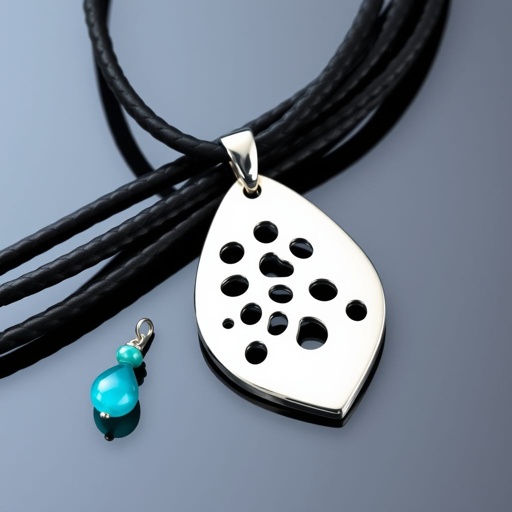 Modern stylish necklace on thick leather cord with big silver pendant and gemstone charm 