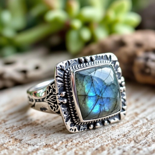 Labrodite square stone set in silver ring