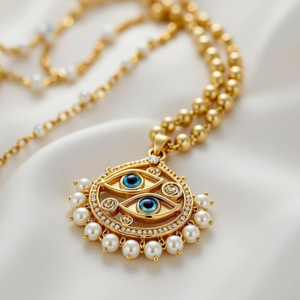 Кулон на длинной цепочке. Матовое светлое золото. В цепочке небольшие золотые шарики и жемчуг. Кулон это перевернутый глаз, снизу еще два глаза узоры завитушки 