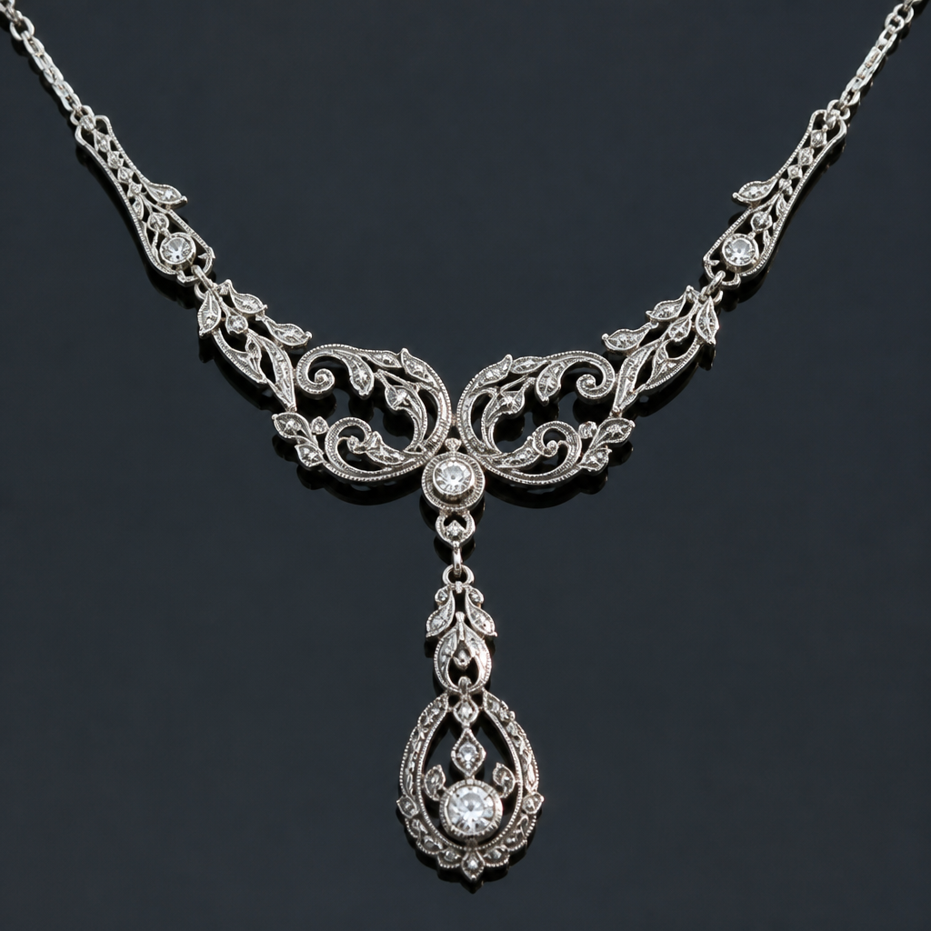 A vintage women's necklace made of silver suitable for formal, detailed and decorative, moderately ornate
photorealistic jewelry design, A vintage women's necklace made of silver suitable for formal, detailed and decorative, moderately ornate, vintage style, just the design no text