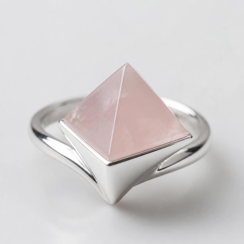 A women's ring. un anillo en plata con una piedra cuarzo rosa
en forma de pirámide
photorealistic jewelry design, A women's ring. un anillo en plata con una piedra cuarzo rosa
en forma de pirámide, modern style, just the design no text