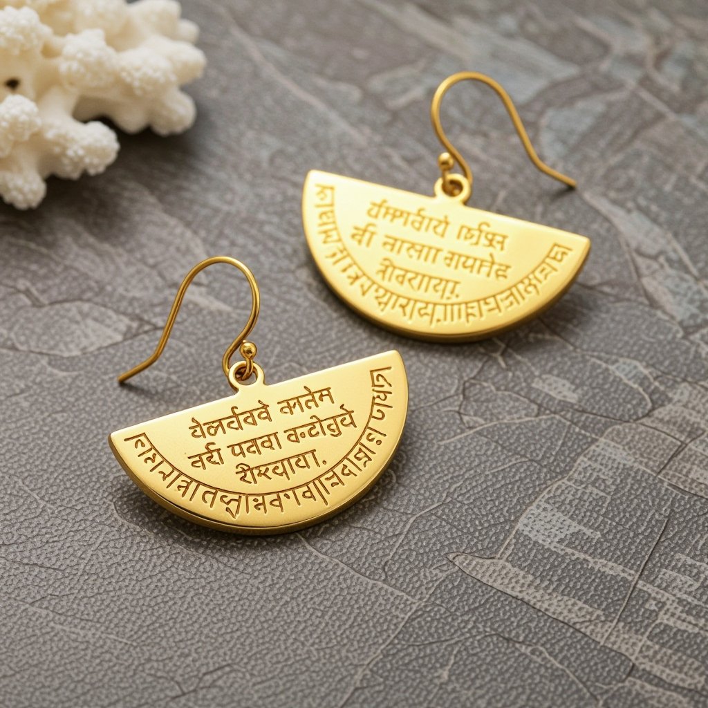 Серьги золотые в форме полумесяца, полукруг как продолжение застежки, на полукруге надписи мантрами на санскрите
