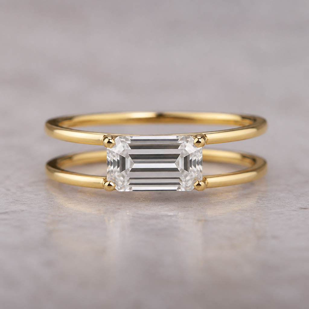 A 10ct emerald cut clear diamond that is east west on a ring. The ring is double banded and the bands are very thin and a quarter inch apart. All of the metal is yellow gold
photorealistic jewelry design, A 10ct emerald cut clear diamond that is east west on a ring. The ring is double banded and the bands are very thin and a quarter inch apart. All of the metal is yellow gold , minimalist style, just the design no text