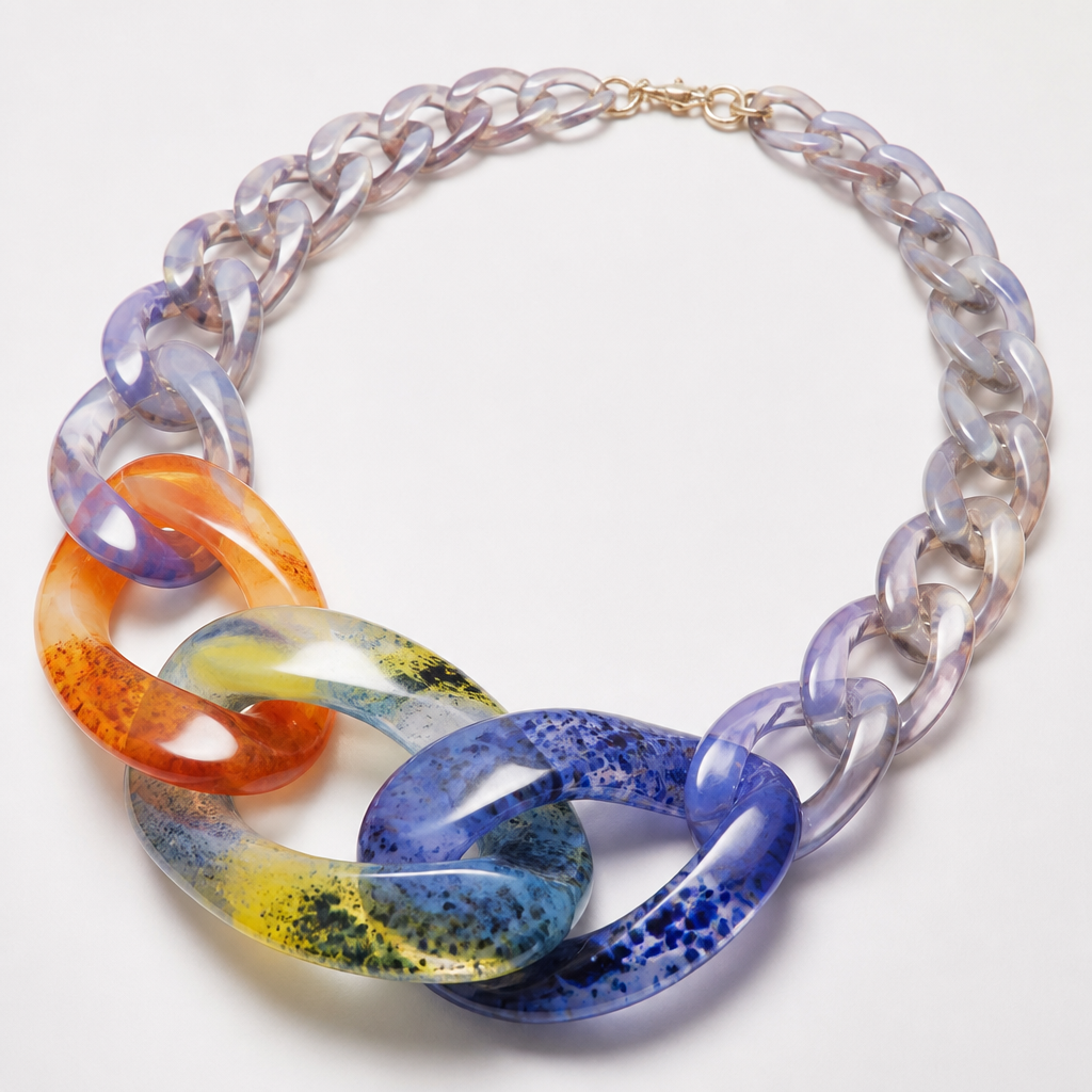 A women's necklace. create a chunky Cuban links style plastic necklace that is graduated and exaggerated in the first three links of translucent colors inspired by fancy guppy fish
photorealistic jewelry design, A women's necklace. create a chunky Cuban links style plastic necklace that is graduated and exaggerated in the first three links of translucent colors inspired by fancy guppy fish, modern style, just the design no text