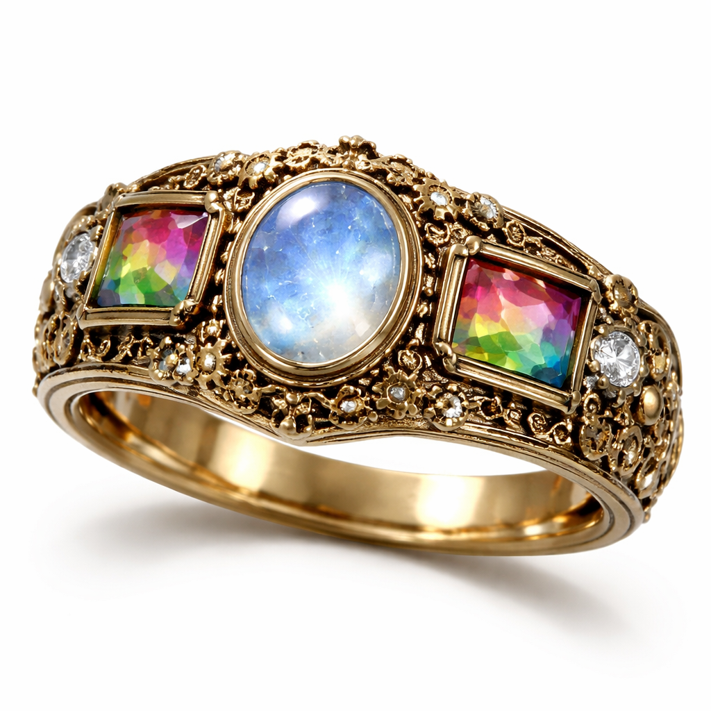 A golden band in the middle a moonstone two rainbow Turmalines on each side and diamonds right next to the rainbow tourmalines
A golden band in the middle a moonstone two rainbow Turmalines on each side and diamonds right next to the rainbow tourmalines , steampunk style