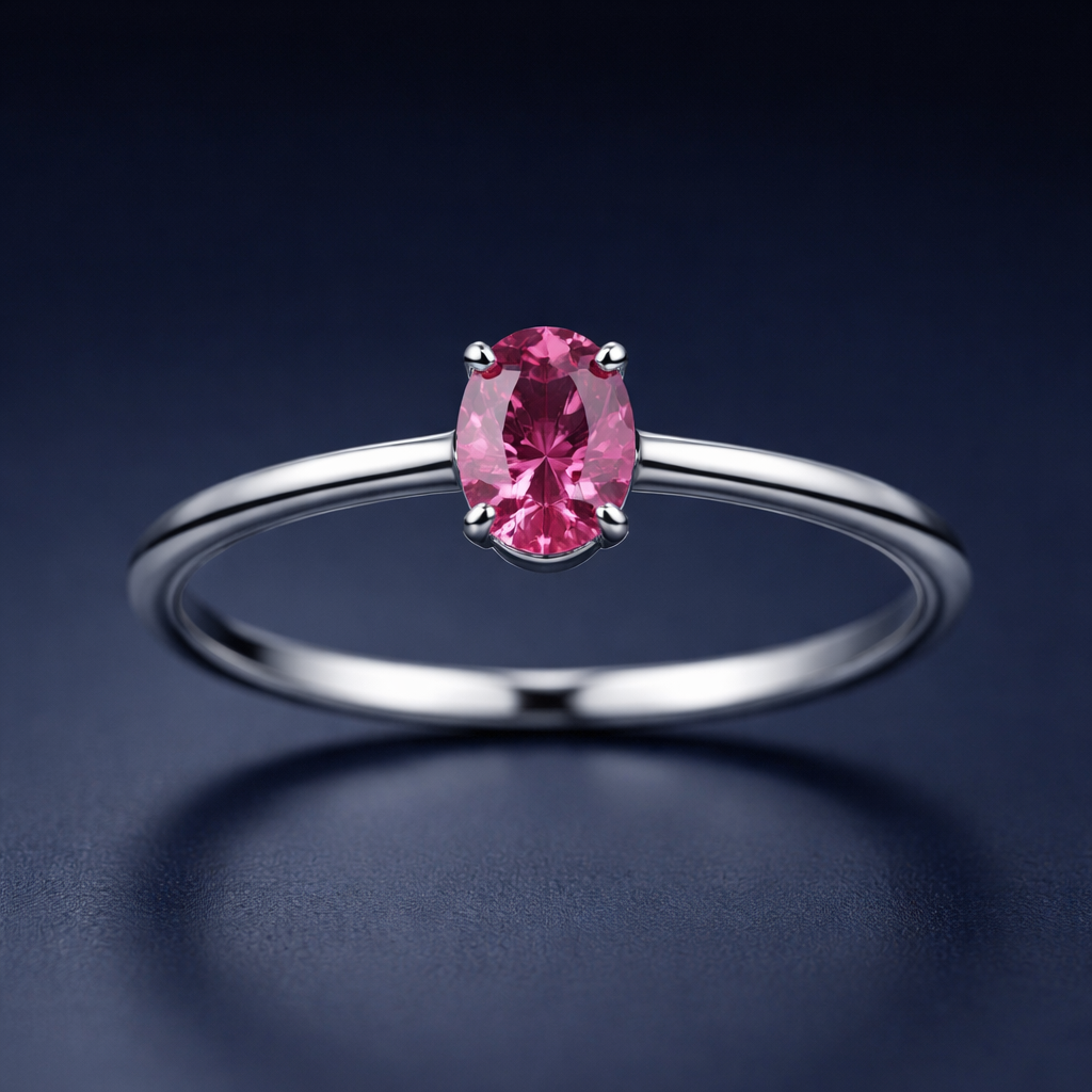 Pink Tourmaline ring silver with navy blue background