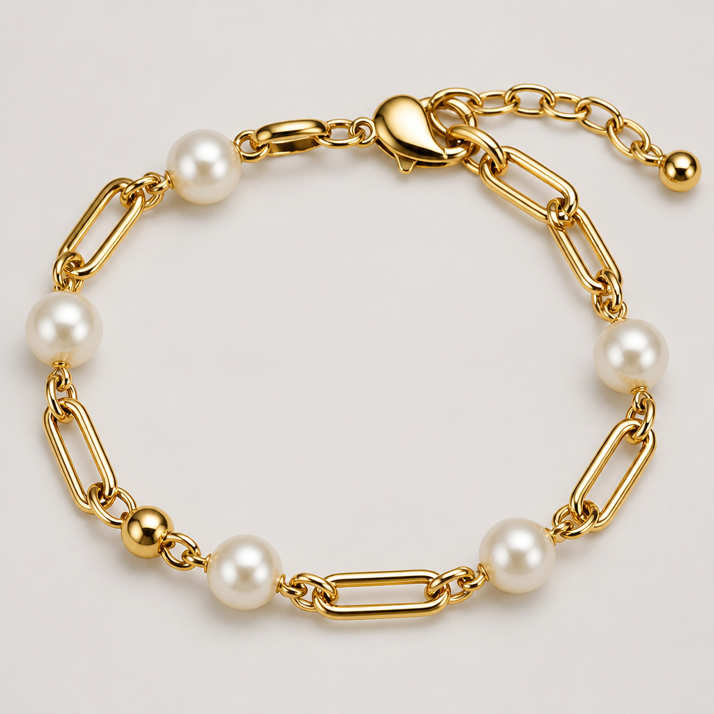 Pearl and gold chain bracelet
photorealistic jewelry design, Pearl and gold chain bracelet , modern style, just the design no text