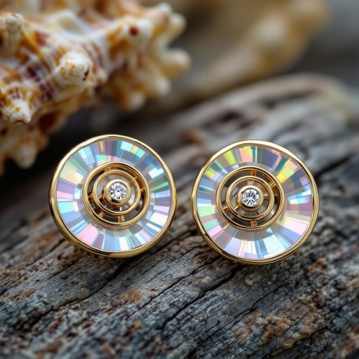 Золотые серьги в виде золотой спиральной ракушки украшенной тремя маленькими камнями 