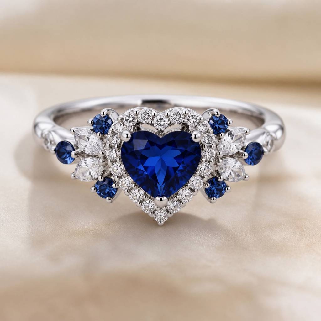 A romantic women's ring made of platinum with diamond and sapphire stones suitable for anniversary
photorealistic jewelry design, A romantic women's ring made of platinum with diamond and sapphire stones suitable for anniversary, romantic style, just the design no text