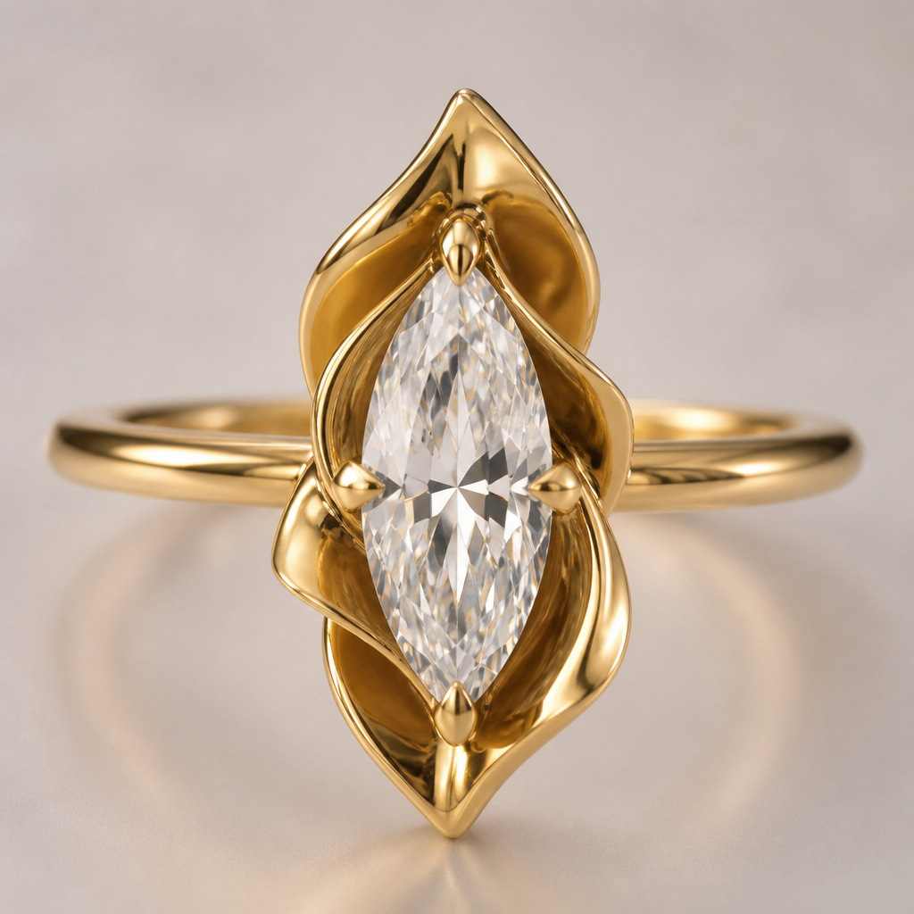 Create a ring with a plain band and elongated centre style with sculptural petals around the centre stone
photorealistic jewelry design, Create a ring with a plain band and elongated centre style with sculptural petals around the centre stone, bespoke style, just the design no text