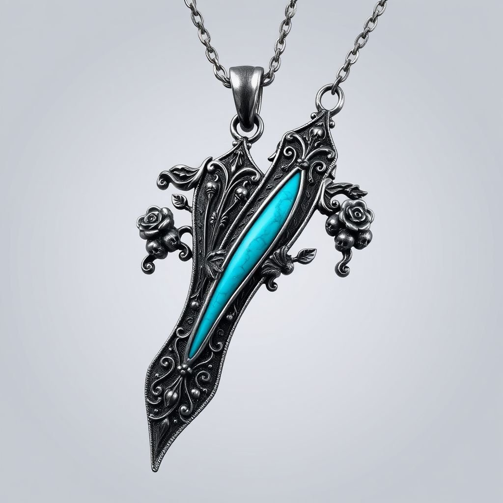 Silver pendant in the shape of ice skating blades with a turquoise stripe within the blade