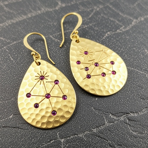 Серьги длинные на цепочках матовое золото мятое. Символ схематично созвездие. Маленькие фиолетовые камушки