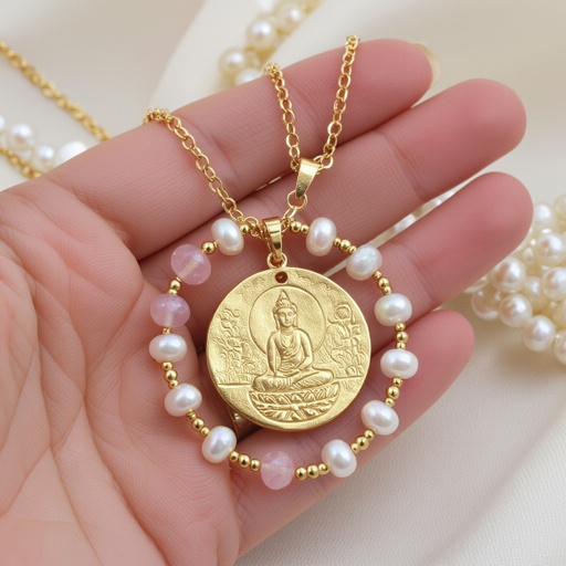 Кулон на длинной цепочке. Матовое светлое золото. В цепочке небольшие золотые шарики и камушки розового необработанного кварца и жемчуга. Кулон в форме неровного мятого круга. На круге изображена девушка с длинными волосами в позе лотоса нечетко