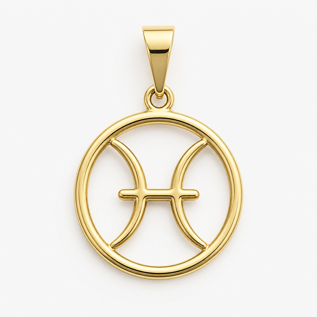 A minimalist women's pendant made of gold. colgante del signo del zodiaco de piscis dentro de un círculo
photorealistic jewelry design, A minimalist women's pendant made of gold. colgante del signo del zodiaco de piscis dentro de un círculo, minimalist style, just the design no text