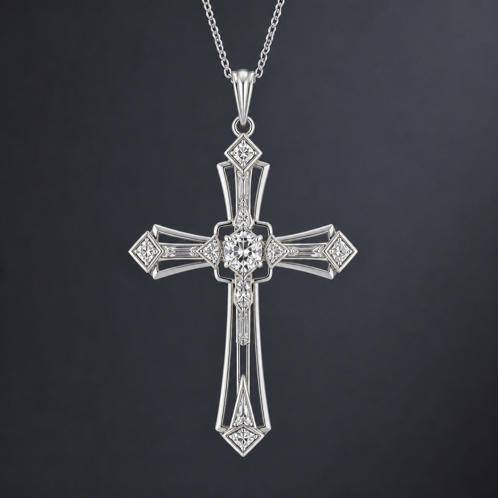 A art deco women's pendant made of silver suitable for daily wear. An extraordinary excellent beautiful delicate and elegant, super modern Cross.
photorealistic jewelry design, A art deco women's pendant made of silver suitable for daily wear. An extraordinary excellent beautiful delicate and elegant, super modern Cross., art_deco style, just the design no text