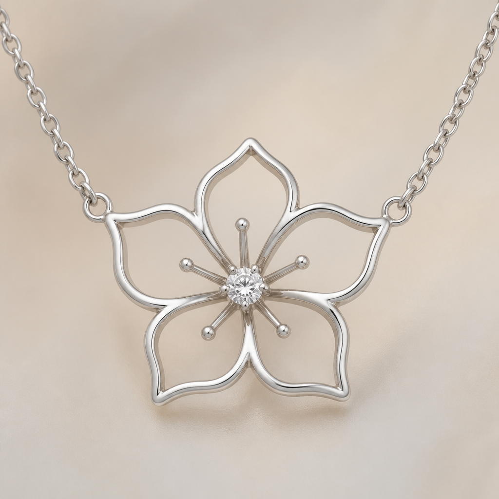 A women's necklace made of silver. hibicus ligne fine et delicat ,diamand dans le milieu, interieur de la fleur vide, plus detail, 5 petales chaine de chaque coté, exotique style qui fait pensé à hawaî
photorealistic jewelry design, A women's necklace made of silver. hibicus ligne fine et delicat ,diamand dans le milieu, interieur de la fleur vide, plus detail, 5 petales chaine de chaque coté, exotique style qui fait pensé à hawaî, modern style, just the design no text