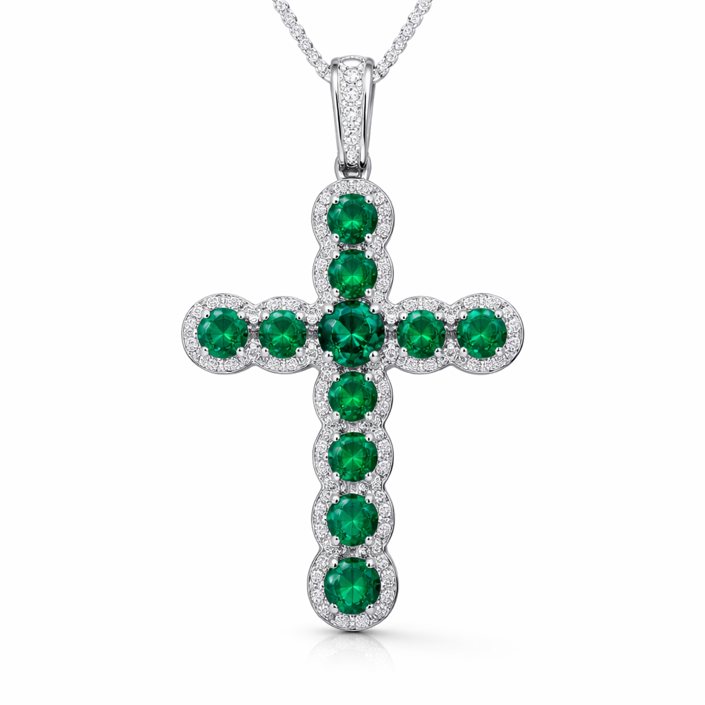 Circle cut emerald cross, white gold, simple accent diamonds, elegant and timeless