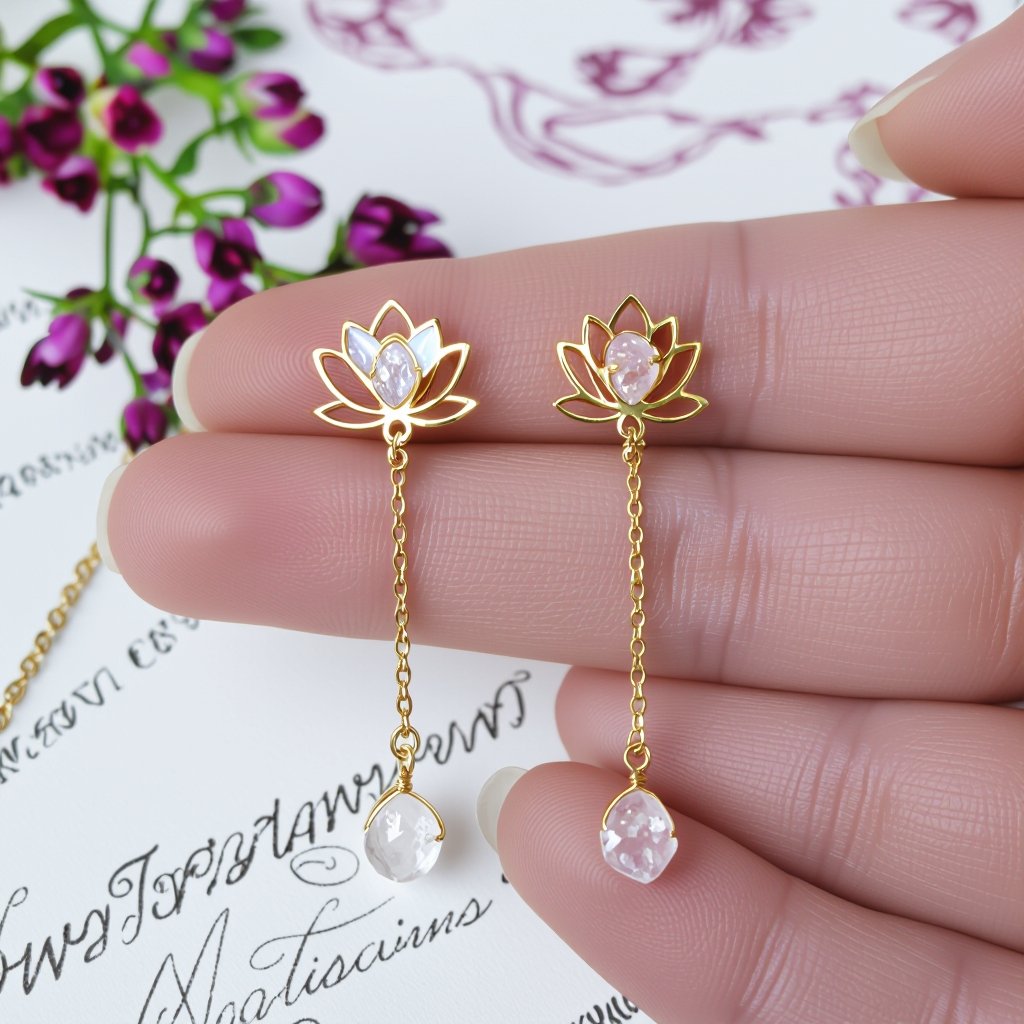 Серьги золото изящный маленький плоский лотос с необработанным маленьким хрусталем в центре, от лотоса идет золотая цепочка вниз с еще одним маленьким камушком хрусталя