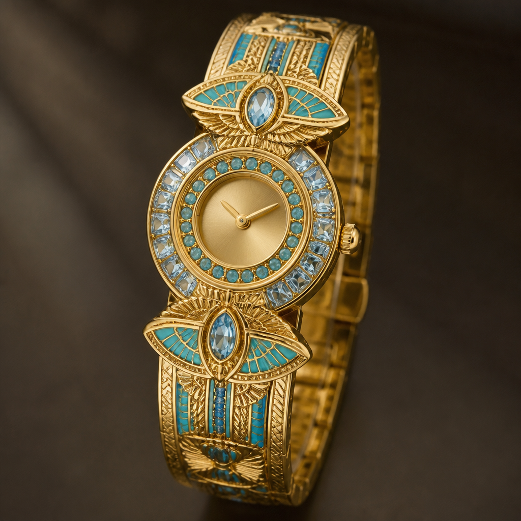A egyptian women's watch made of gold with topaz and turquoise stones, detailed and decorative, moderately ornate. grosse
photorealistic jewelry design, A egyptian women's watch made of gold with topaz and turquoise stones, detailed and decorative, moderately ornate. grosse, egyptian style, just the design no text