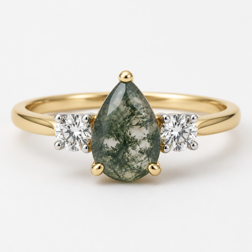 Trilogy ring
10x7mm pear shape moss Agate in 4 x yellow gold claws
Two x 5mm Round diamonds in 6 x white gold claws
Band of the ring is yellow gold
photorealistic jewelry design, just the design, no text, Trilogy ring. 10x7mm pear shape moss Agate in a yellow gold claw setting. Two 5mm Round diamonds in a white gold claw setting. Yellow gold band.