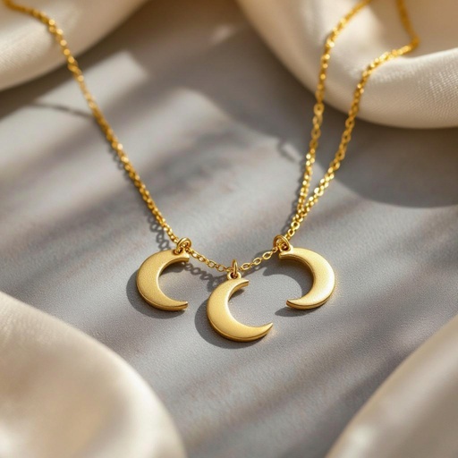 Подвеска из трех полумесяцев из матового неровного светлого золота соединенных цепочкой сверху самый широкий полукруг дальше средний и снизу самый маленький