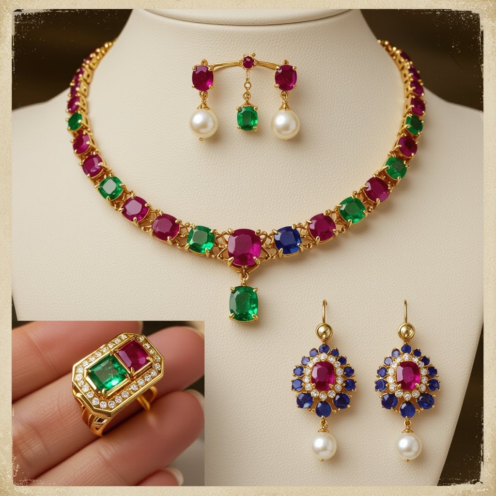 Necklace and ring and earring with luxury colorful jewel with gold