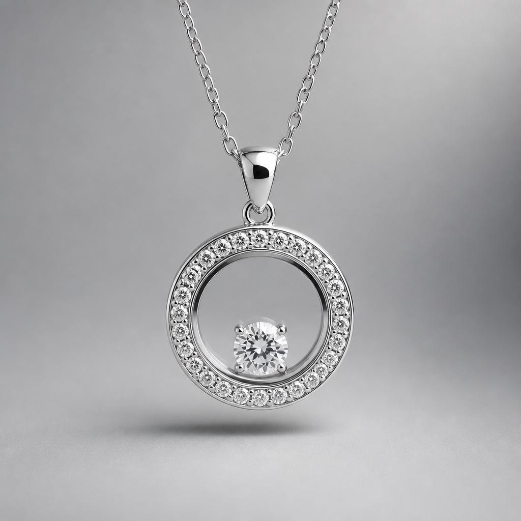 A floating women's pendant made of white gold with diamond stones suitable for daily wear
photorealistic jewelry design, A floating women's pendant made of white gold with diamond stones suitable for daily wear, floating style, just the design no text