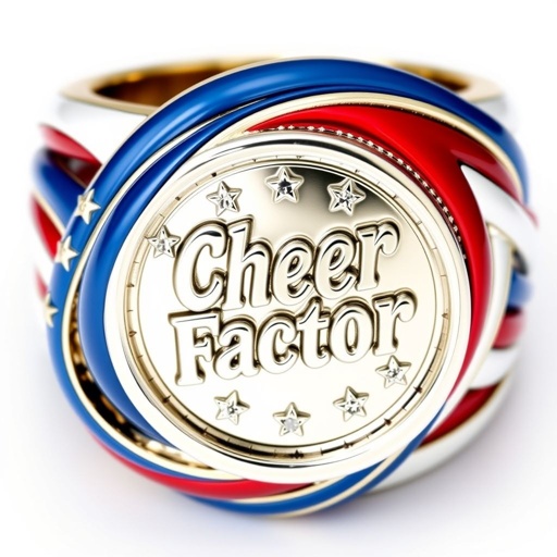 Red white and blue medal ring that says cheer factor