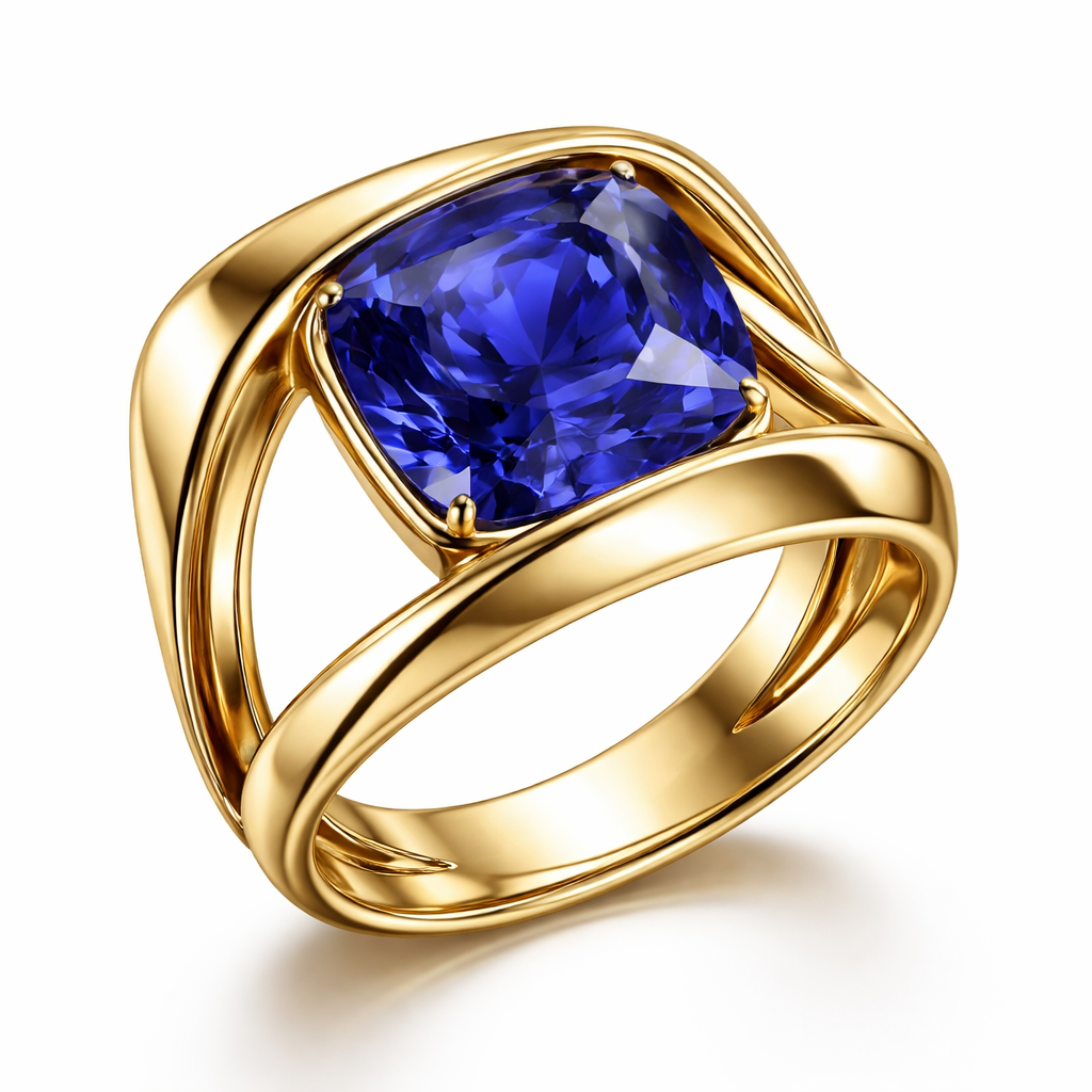 4 carat cushion royal blue sapphire something like contemporary art ring in yellow gold only and with no additional stones