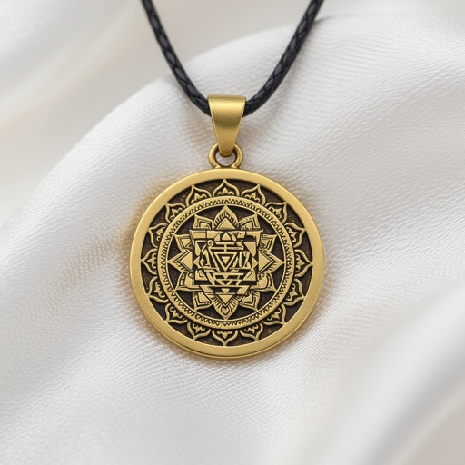 Золотой матовый кулон состаренный в виде круга, в центре изображена янтра богини кали