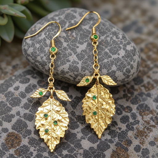 Серьги длинные на цепочках матовое золото мятое. Символ листок с прожилками на нем маленькие зеленые  камушки