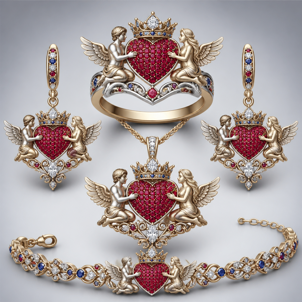 A romantic women's ring made of mixed metal with diamond and ruby and sapphire stones suitable for wedding. An extraordinary excellent beautiful delicate and elegant set of jewelry with one ring, two ear rings, one pendant and one bracelet, with a heart in the middle which will be full of rubies, an extraordinary beautiful delicate and elegant female Angel with long hair at the right side of the heart and an extraordinary fit beautiful delicate and elegant male Angel at the left side of the heart, both Angels are to hold a heart with their right hand and a rose with their left hand, over the central heart is to be placed a beautiful, delicate elegant and extraordinary excellent crown with a diamond at the middle of the crown and around the crown to be placed rubies and sapphires the crown to be placed on the heart.