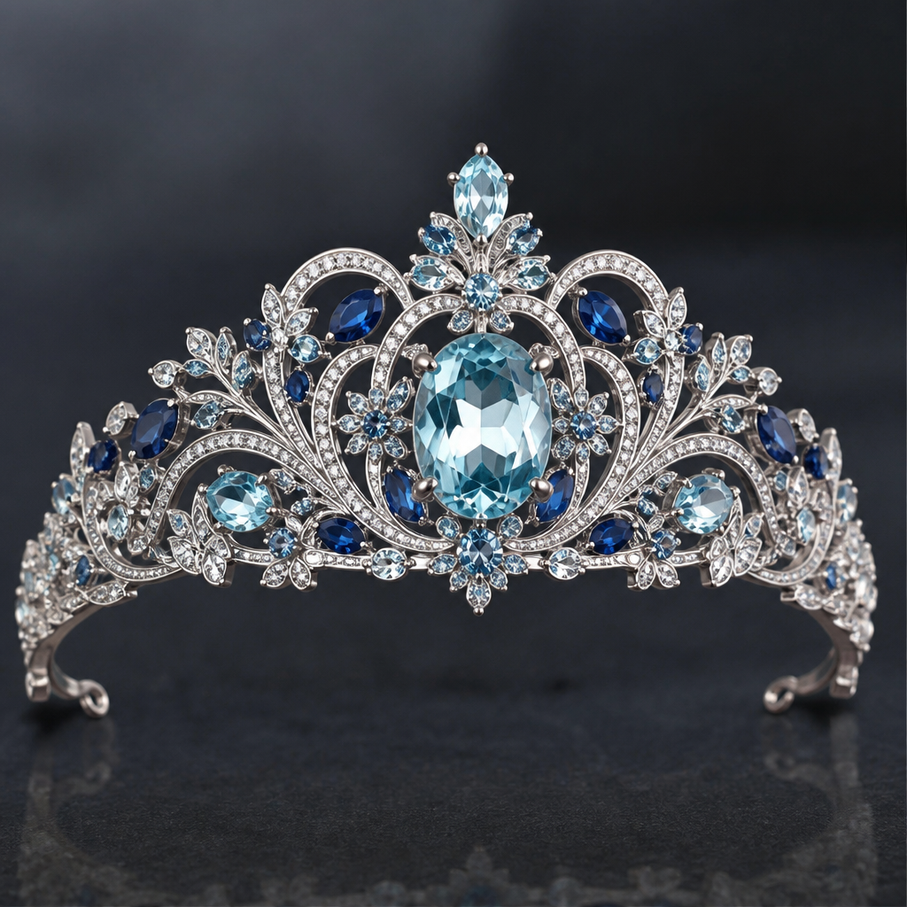 A cocktail women's tiara made of white gold with aquamarine and sapphire stones suitable for daily wear, highly ornate, intricate and elaborate, richly detailed. delicado y sencillo pero elegante
photorealistic jewelry design, A cocktail women's tiara made of white gold with aquamarine and sapphire stones suitable for daily wear, highly ornate, intricate and elaborate, richly detailed. delicado y sencillo pero elegante, cocktail style, just the design no text