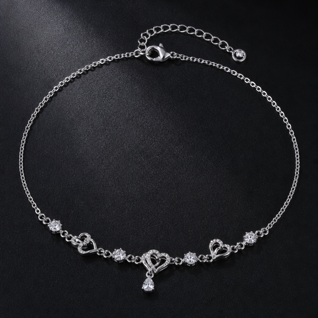 A romantic women's anklet made of platinum with diamond stones
photorealistic jewelry design, A romantic women's anklet made of platinum with diamond stones, romantic style, just the design no text
