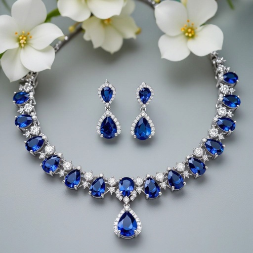 luxury necklace style and luxury earring set Platinum necks lace, sapphire , diamond accents, prong setting. Matching platinum earrings, sapphire pear drops, diamond accents, prong setting.