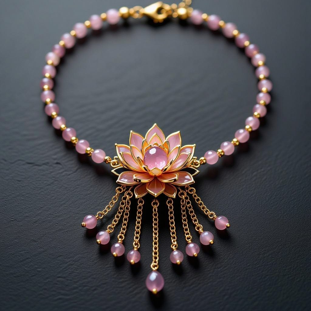 Цепочка из золота с золотыми мелкими шариками и мелкими из мелкого розового кварца посредине лотос от лотоса идут цепочки золотые вниз