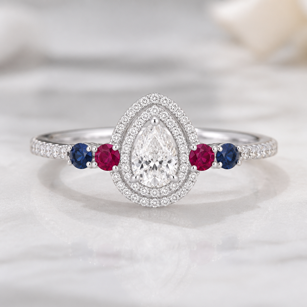 A women's ring. Pear-shaped diamond with a delicate double diamond halo. Small round ruby and blue sapphire accents on each side. Symmetrical arrangement: ruby, sapphire, center diamond, sapphire, ruby. Ruby closest to the center, sapphire on the outside. White gold or platinum, pavé diamond band, elegant vintage-inspired fine jewelry, not a traditional mother's ring.
photorealistic jewelry design, A women's ring. Pear-shaped diamond with a delicate double diamond halo. Small round ruby and blue sapphire accents on each side. Symmetrical arrangement: ruby, sapphire, center diamond, sapphire, ruby. Ruby closest to the center, sapphire on the outside. White gold or platinum, pavé diamond band, elegant vintage-inspired fine jewelry, not a traditional mother's ring., modern style, just the design no text