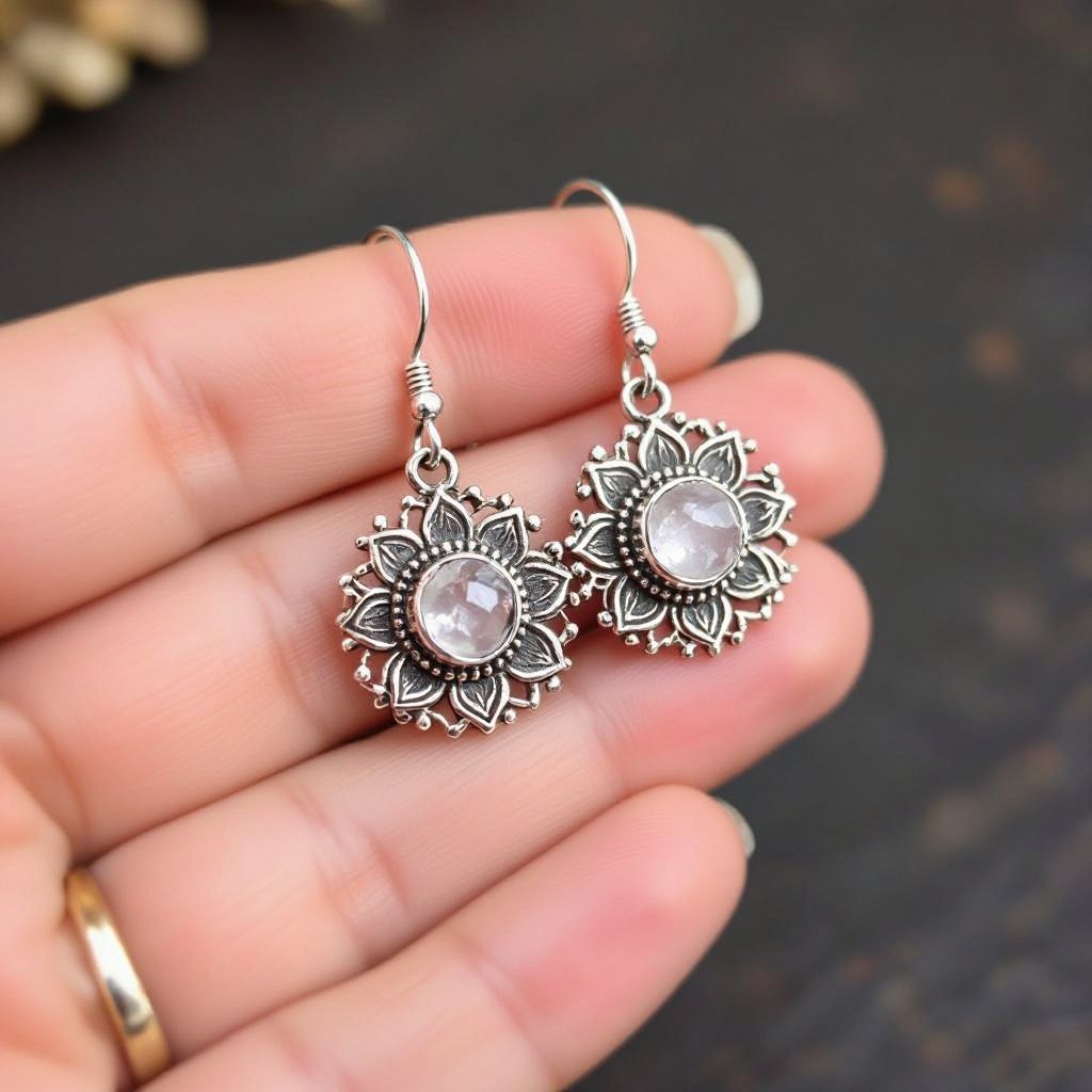 Серьги серебро изящный маленький лотос с необработанным хрусталем в центре