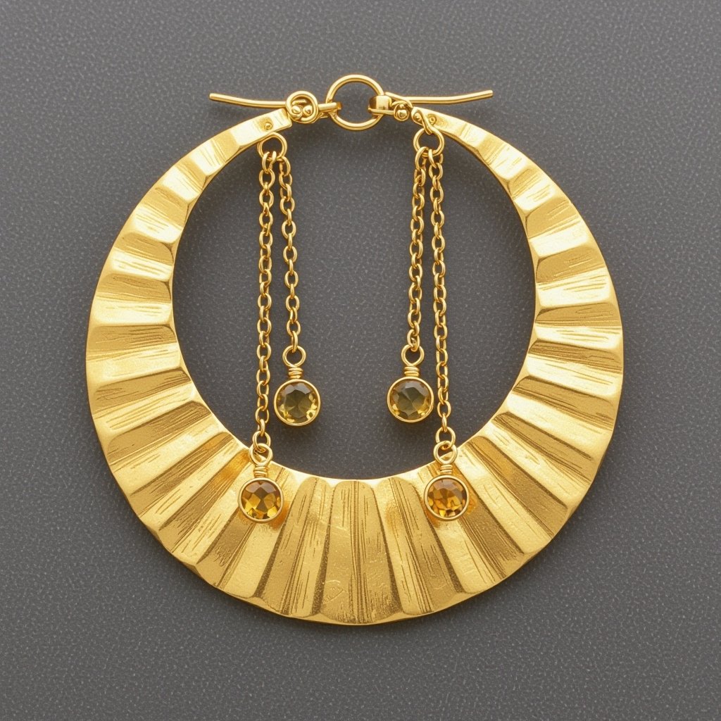 Золотые серьги словно мятое золото в форме узкого изящного полумесяца. Верхушка полумесяца крепится к застежке серьги.  От полумесяца идет три цепочки, у каждой на конце мелкий камушек цитрин