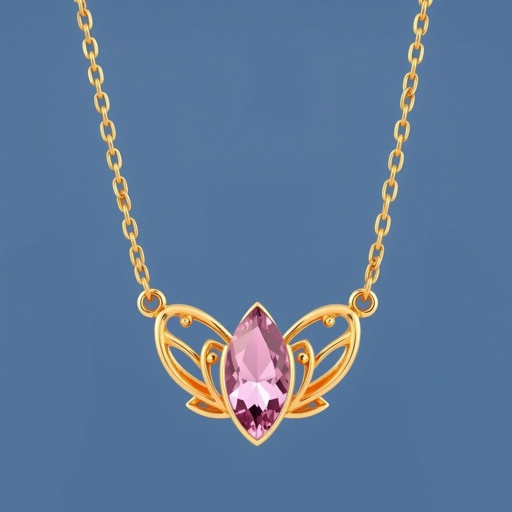 A everyday wear but delicate small gold necklace with a pink pendant color gemstone in a marquise cut. All the details are delicate and they rappresent the petals of the flower lotus.